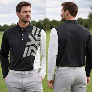 PXG Parsons Xtreme Golf Mens Large Long Sleeve Polo Shirt Black White Graphic L